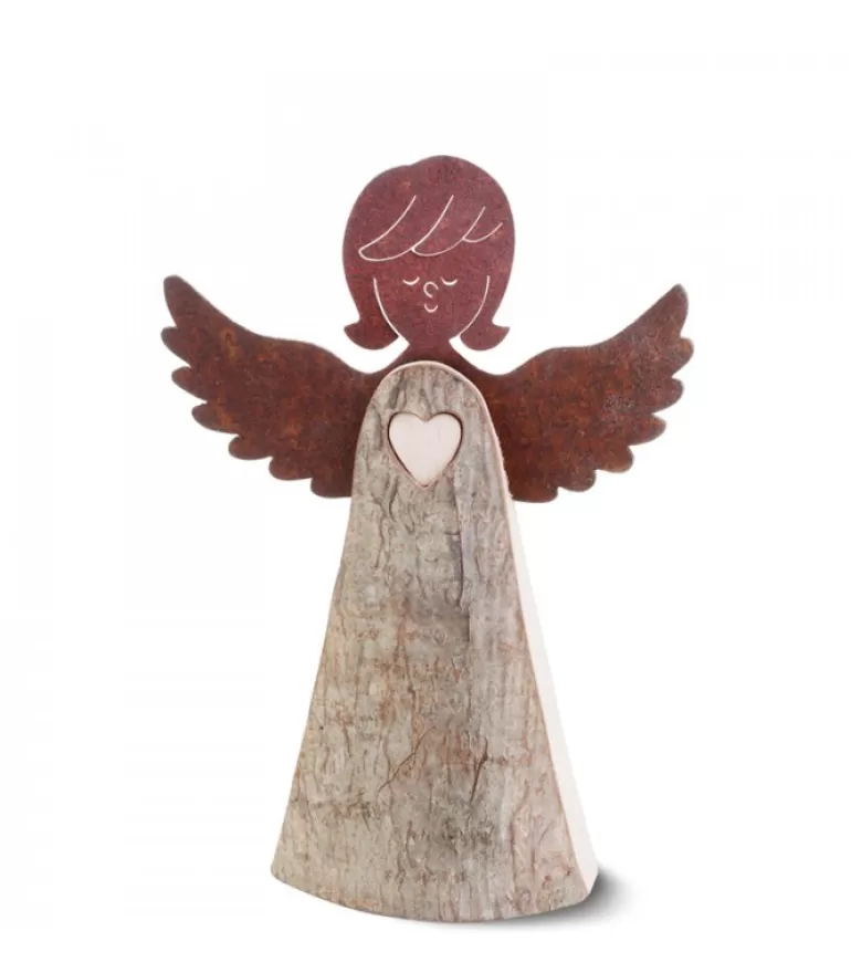 Hot Ange En Bois Avec Coeur Et Ailes Metal, 15,5 Cm Anges De Noël En Bois