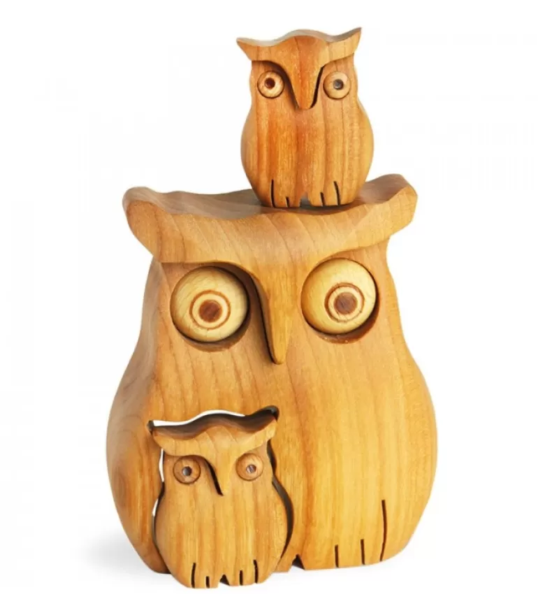 Discount Chouette En Bois Poli Avec Deux Enfants, 8 Cm Chouettes Et Hiboux En Bois
