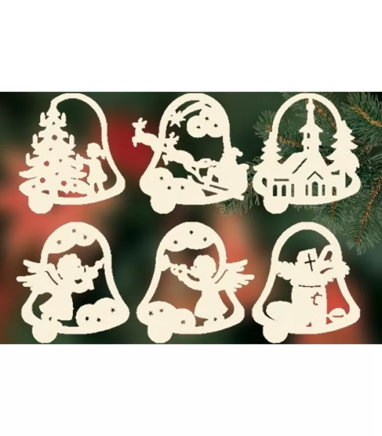 Store 6 Clochettes De Noël En Bois Avec Motifs - Set N° 19 Décorations En Bois Pour Sapin De Noël