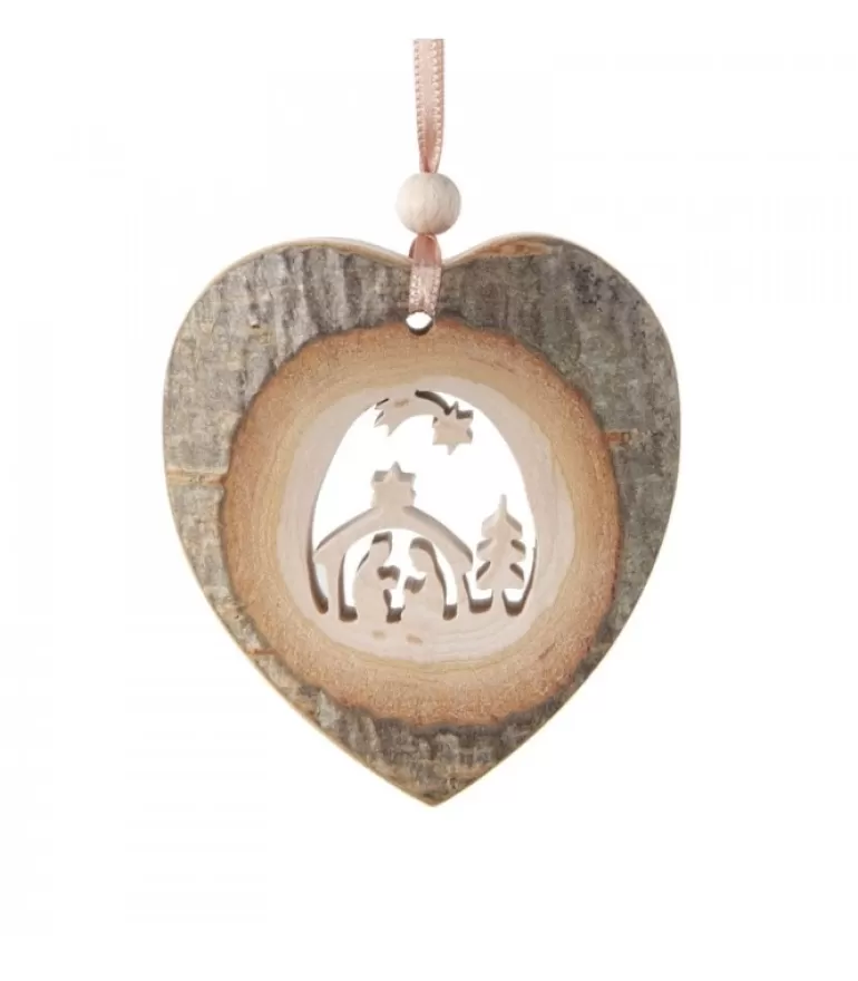 Discount Coeur En Bois A Suspendre Motif Cisele Crèche Et Etoile, 7 Cm Décorations En Bois Pour Sapin De Noël