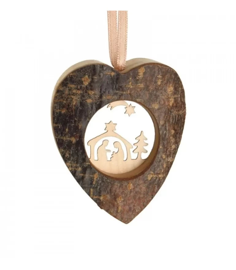 Flash Sale Coeur En Bois A Suspendre Motif Cisele Crèche Et Etoile, 6 Cm Décorations En Bois Pour Sapin De Noël