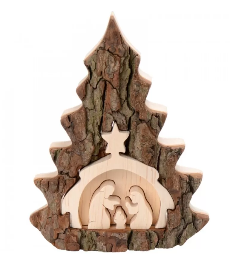 Cheap Crèche De Noël 16 Cm, Taillee Dans Une Ecorce De Bois En Forme De Sapin Crèche De Noël Artisanale