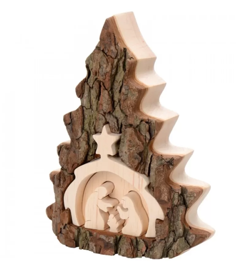Cheap Crèche De Noël 16 Cm, Taillee Dans Une Ecorce De Bois En Forme De Sapin Crèche De Noël Artisanale