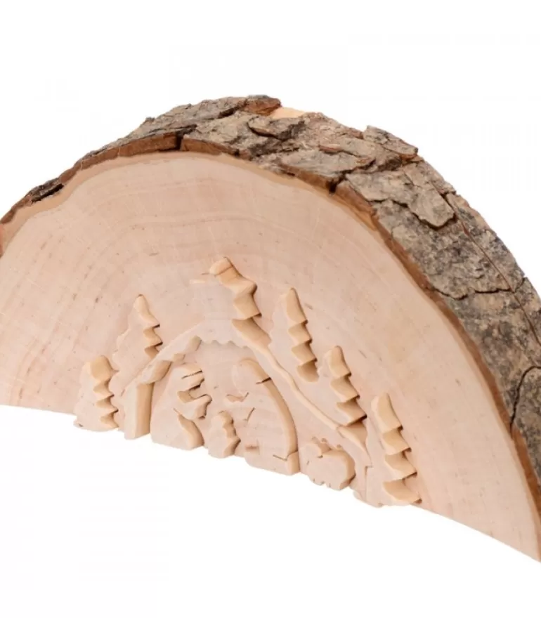 Hot Crèche De Noël En Relief, Taillee Dans Un Rondin De Bois, 12 Cm Crèche De Noël Artisanale