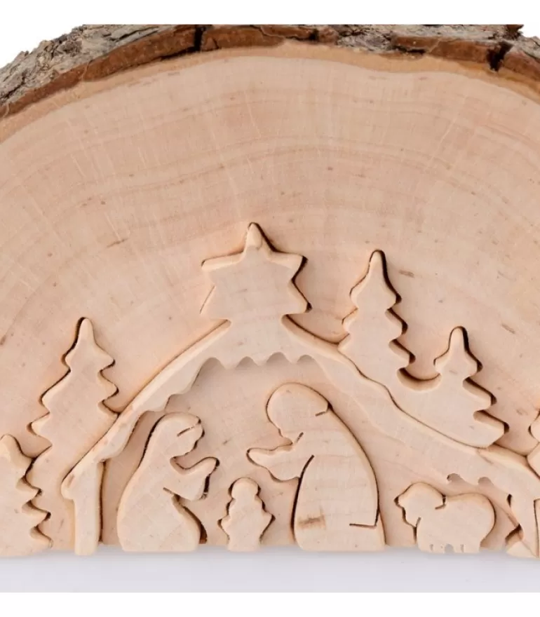 Hot Crèche De Noël En Relief, Taillee Dans Un Rondin De Bois, 12 Cm Crèche De Noël Artisanale