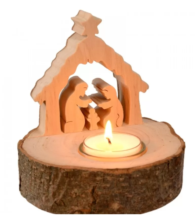 Online Crèche De Noël Sur Rondin De Bois Avec Bougeoir Crèche De Noël Artisanale