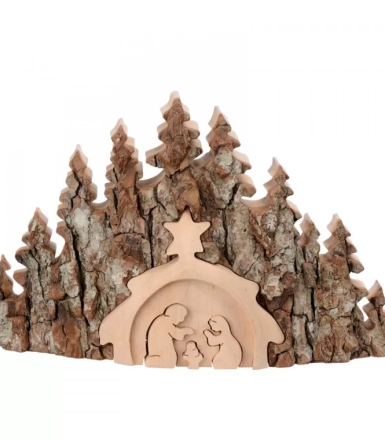 Best Sale Crèche De Noël Taillee Dans Une Ecorce De Bois, Motif Etable, 20 Cm Crèche De Noël Artisanale