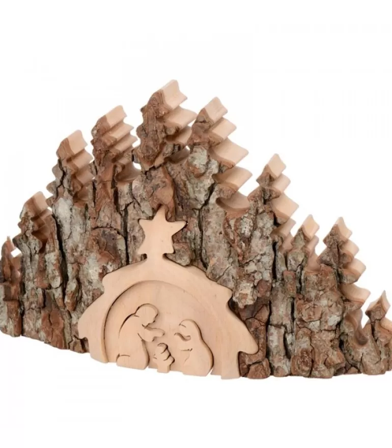 Best Sale Crèche De Noël Taillee Dans Une Ecorce De Bois, Motif Etable, 20 Cm Crèche De Noël Artisanale