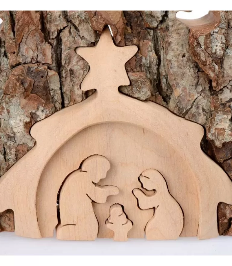 Best Sale Crèche De Noël Taillee Dans Une Ecorce De Bois, Motif Etable, 20 Cm Crèche De Noël Artisanale