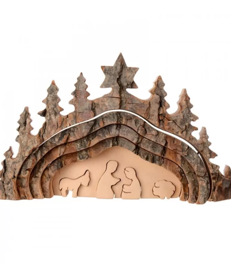 Shop Crèche De Noël Taillee Dans Une Ecorce De Bois, Motif Grotte, 20 Cm Crèche De Noël Artisanale
