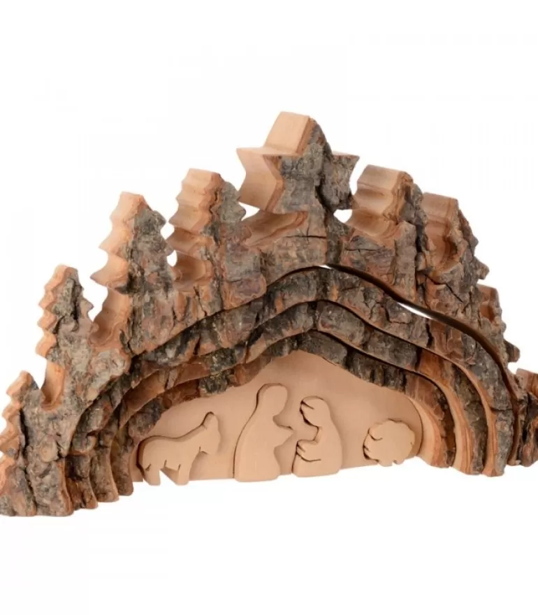 Shop Crèche De Noël Taillee Dans Une Ecorce De Bois, Motif Grotte, 20 Cm Crèche De Noël Artisanale