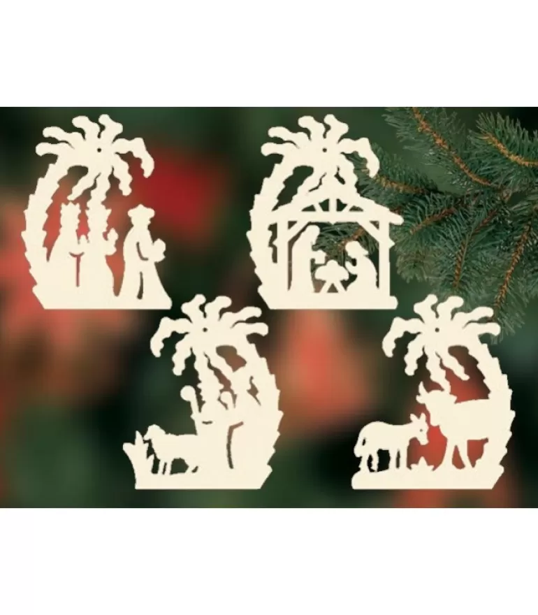 Flash Sale 4 Crèches De Noël Sous Un Palmier A Suspendre Au Sapin - Set N° 23 Décorations En Bois Pour Sapin De Noël