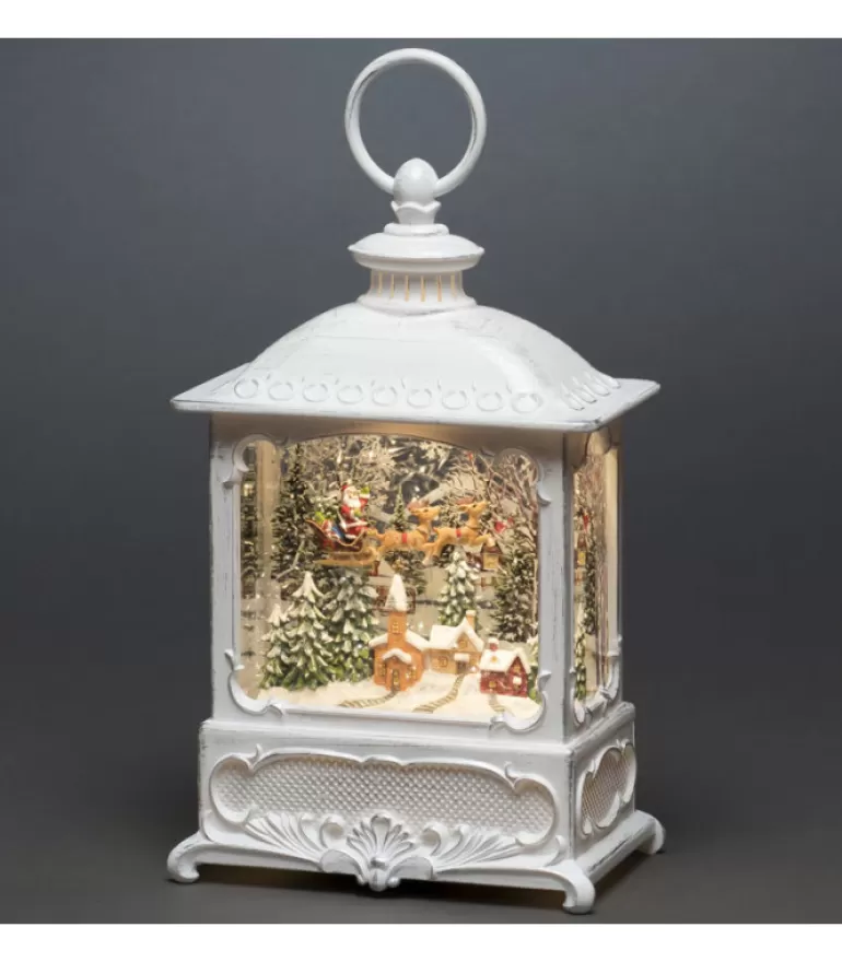 Store Lanterne De Noël Blanche, Père Noël Volant Au-Dessus D'Un Village Lanternes De Noël À Neige