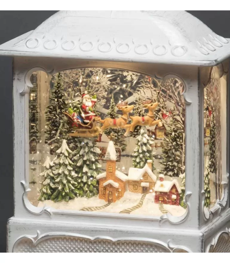 Store Lanterne De Noël Blanche, Père Noël Volant Au-Dessus D'Un Village Lanternes De Noël À Neige