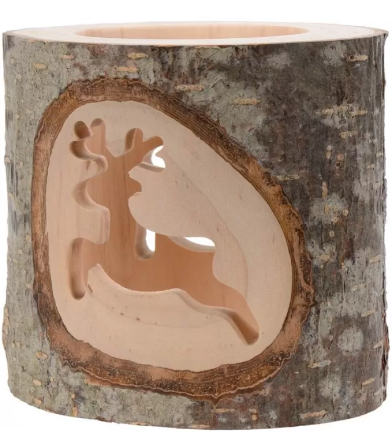 Hot Photophore En Bois Avec 2 Motifs En Bois Cisele, Renne Photophore Bois