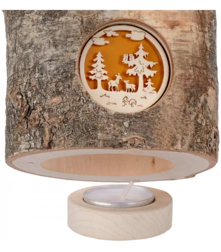 Sale Photophore En Rondin De Bois, 1 Motif Animaux De La Foret Photophore Bois