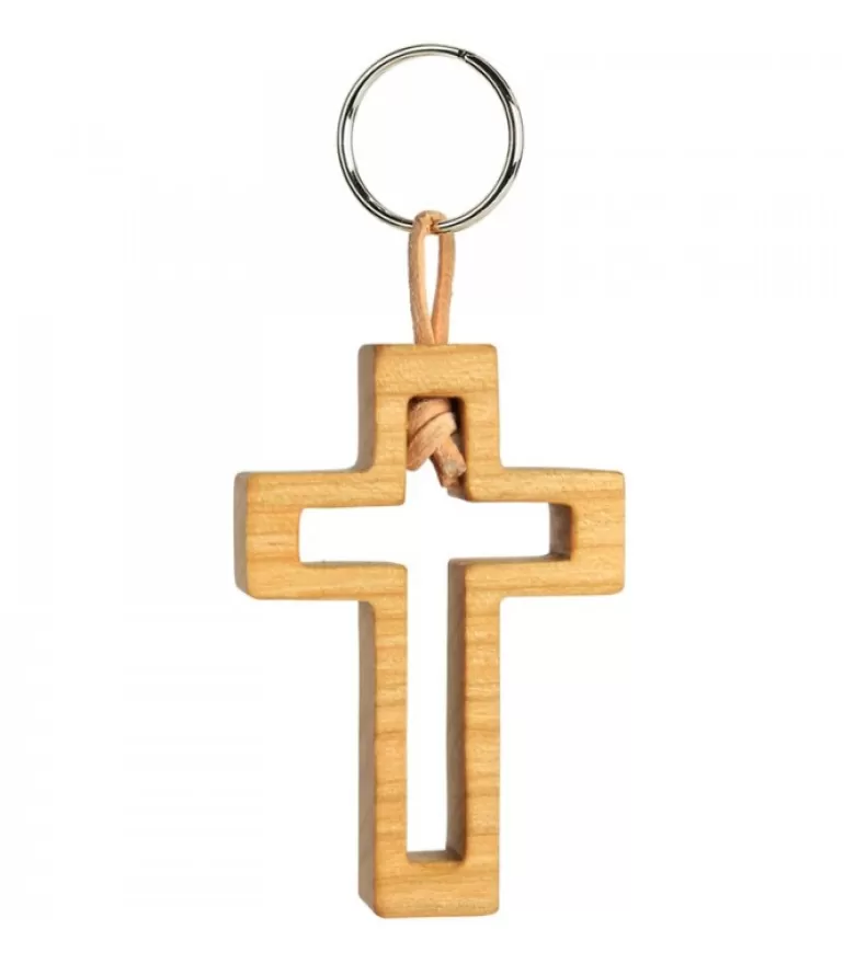 Store Porte Clef En Bois De Cerisier Avec Croix Découpee, 5 Cm Porte-Clés En Bois
