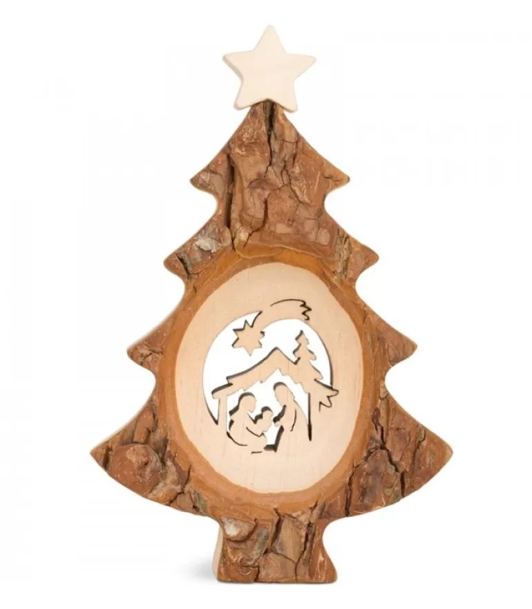 Cheap Sapin De Noël En Bois Avec Crèche Ciselee, 12 Cm Sapins En Bois