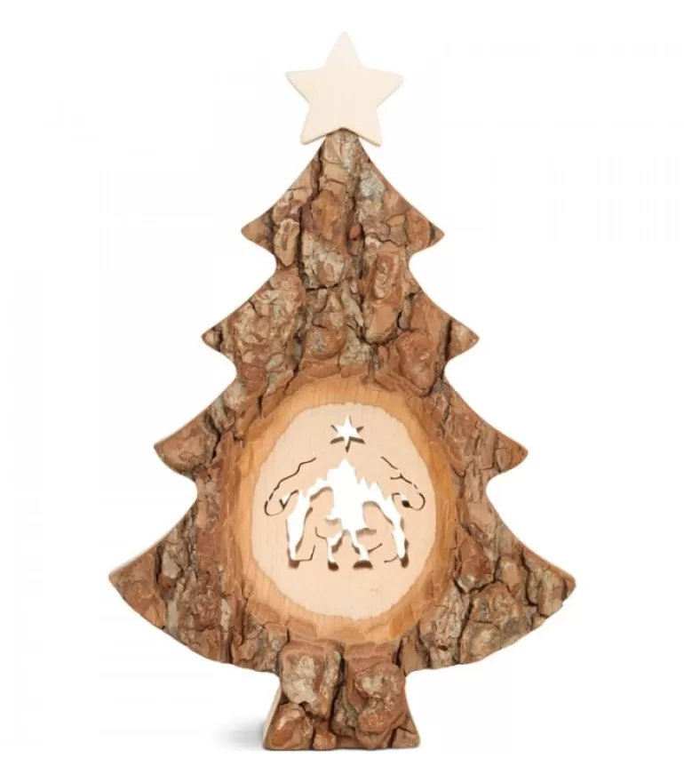 Clearance Sapin Noël En Bois Avec Crèche De Noël Ciselee, 18 Cm Sapins En Bois